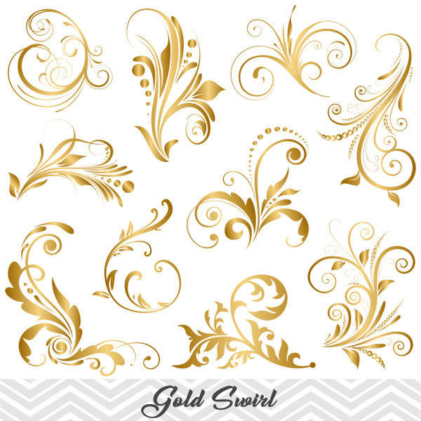 GOLD Flourish Swirl Clip Art, Digital Scrapbooking Embellishments Decor,  00084